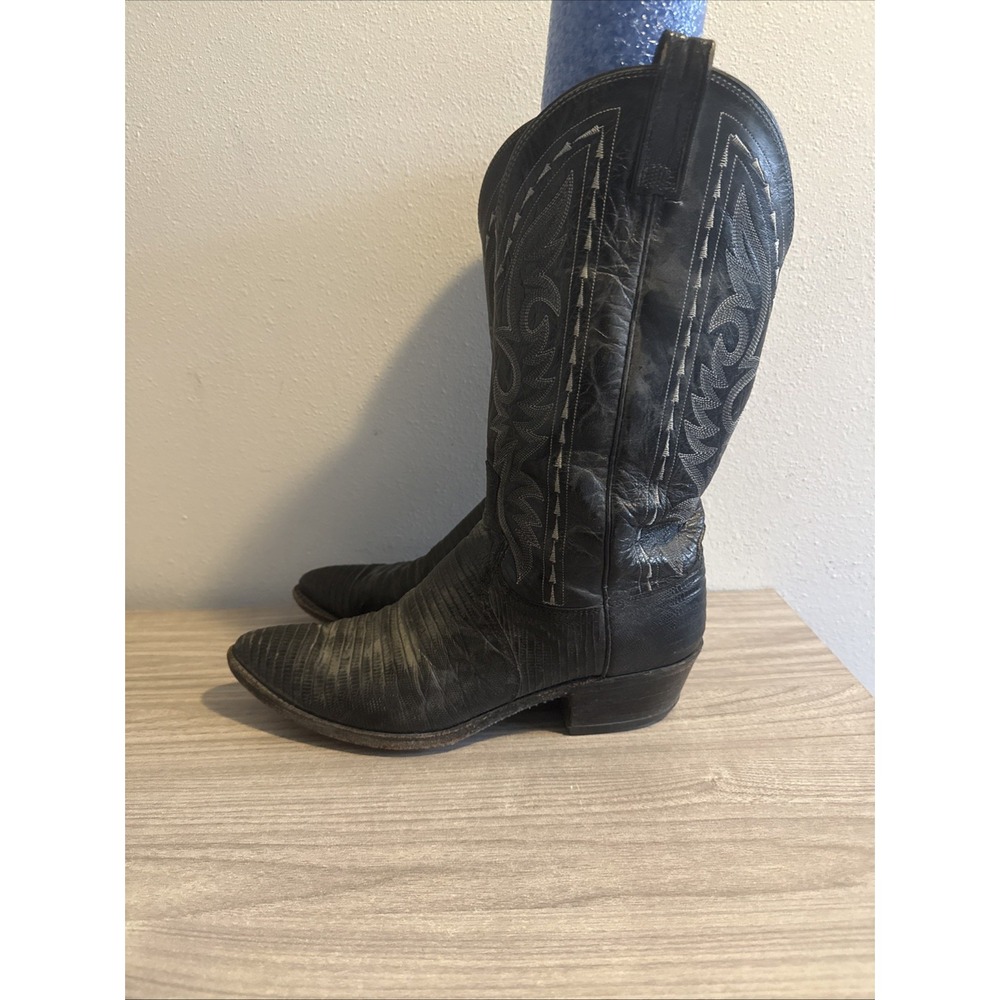 Dan Post 16830 Black Teju Lizard Cowboy Western Boots Men's 10B Vintage USA